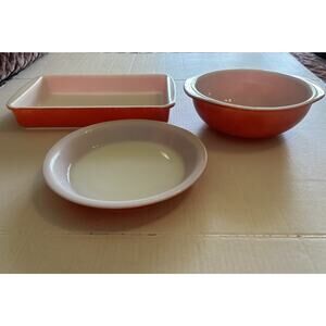 Vtg Pyrex Flame Red 3 Piece Set Ovenware Pie Plate 2 Qt Bowl 2 Qt Casserole Dish